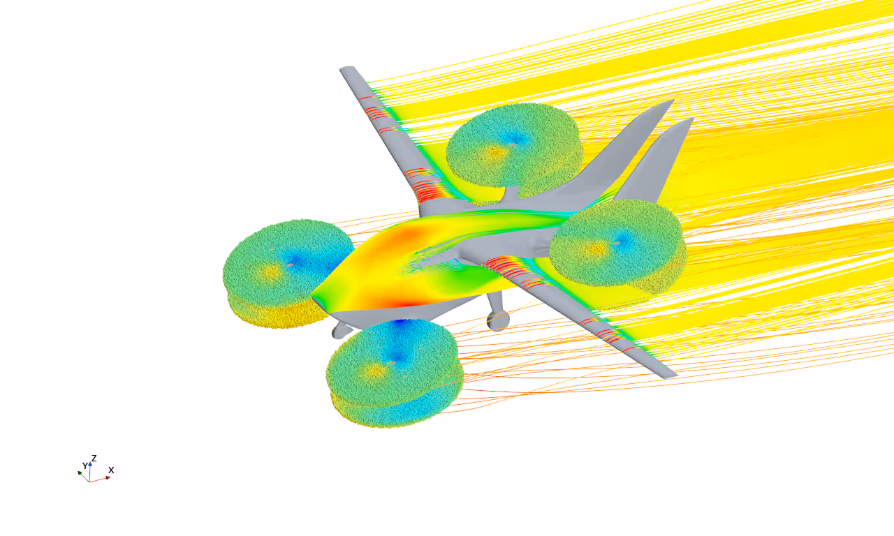 Aerodynamic simulation showing airflow around a four-propeller aircraft with colored pressure zones.