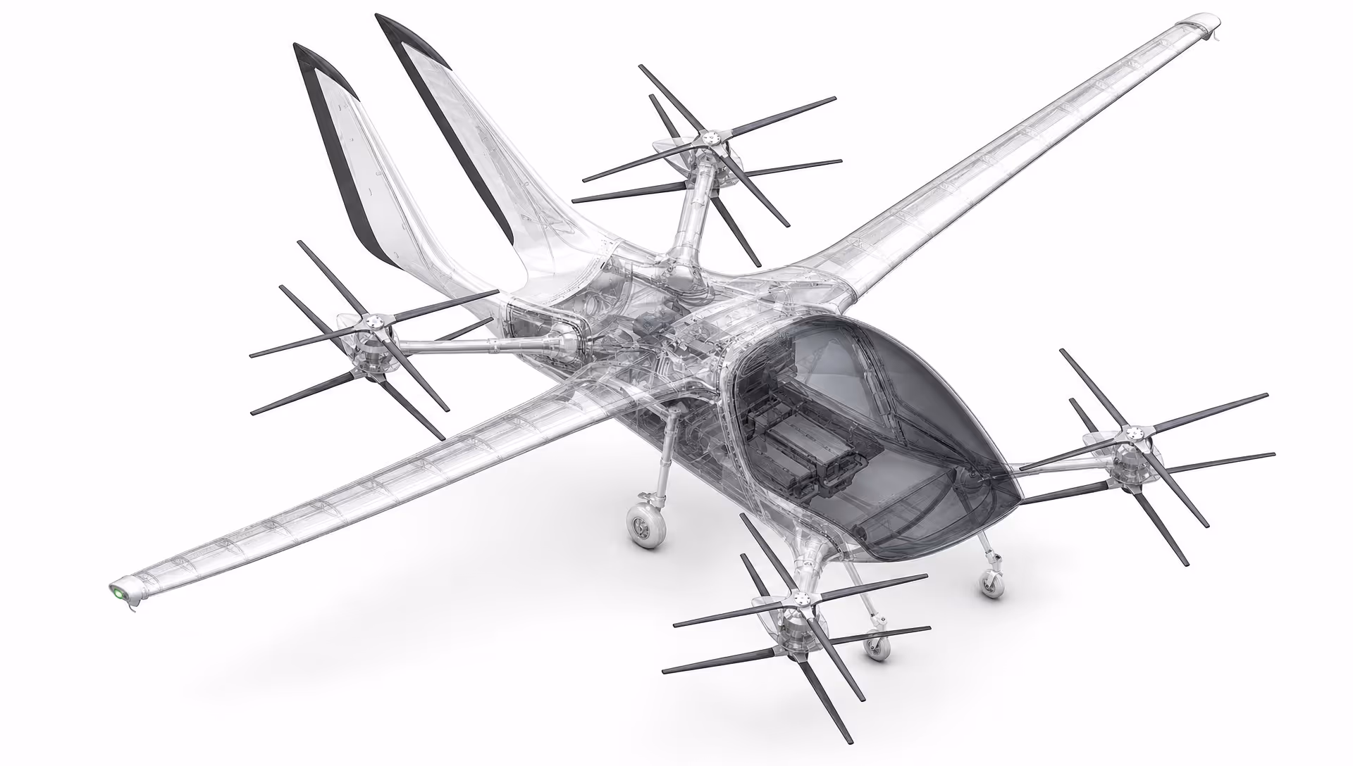 Transparent view of futuristic aircraft with multiple rotors and visible internal structure and cockpit.