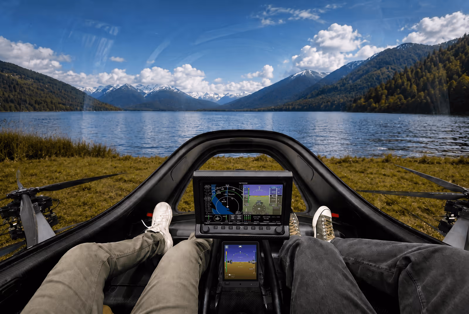 View from inside a two-seat aircraft cockpit overlooking a lake and mountain landscape.