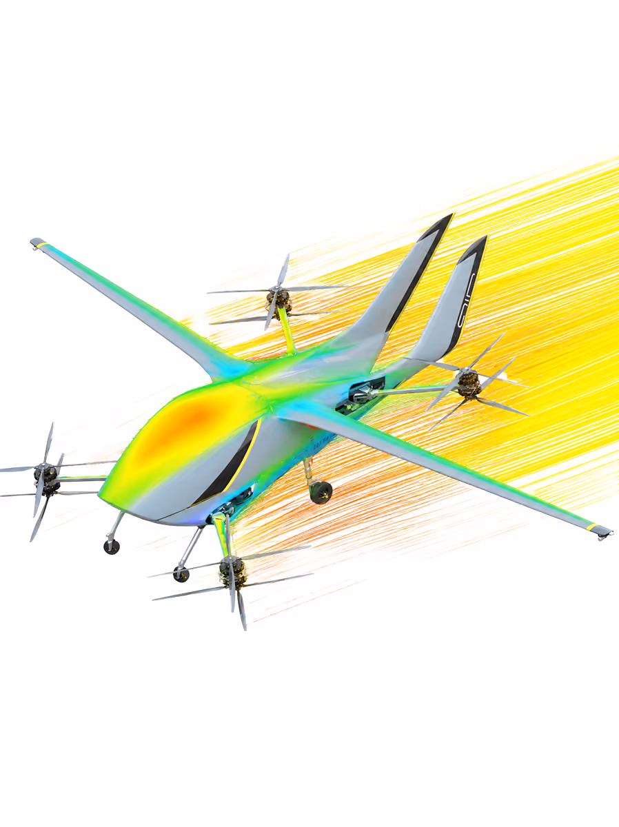 Electric aircraft with six propellers and aerodynamic airflow simulation in yellow and red colors.