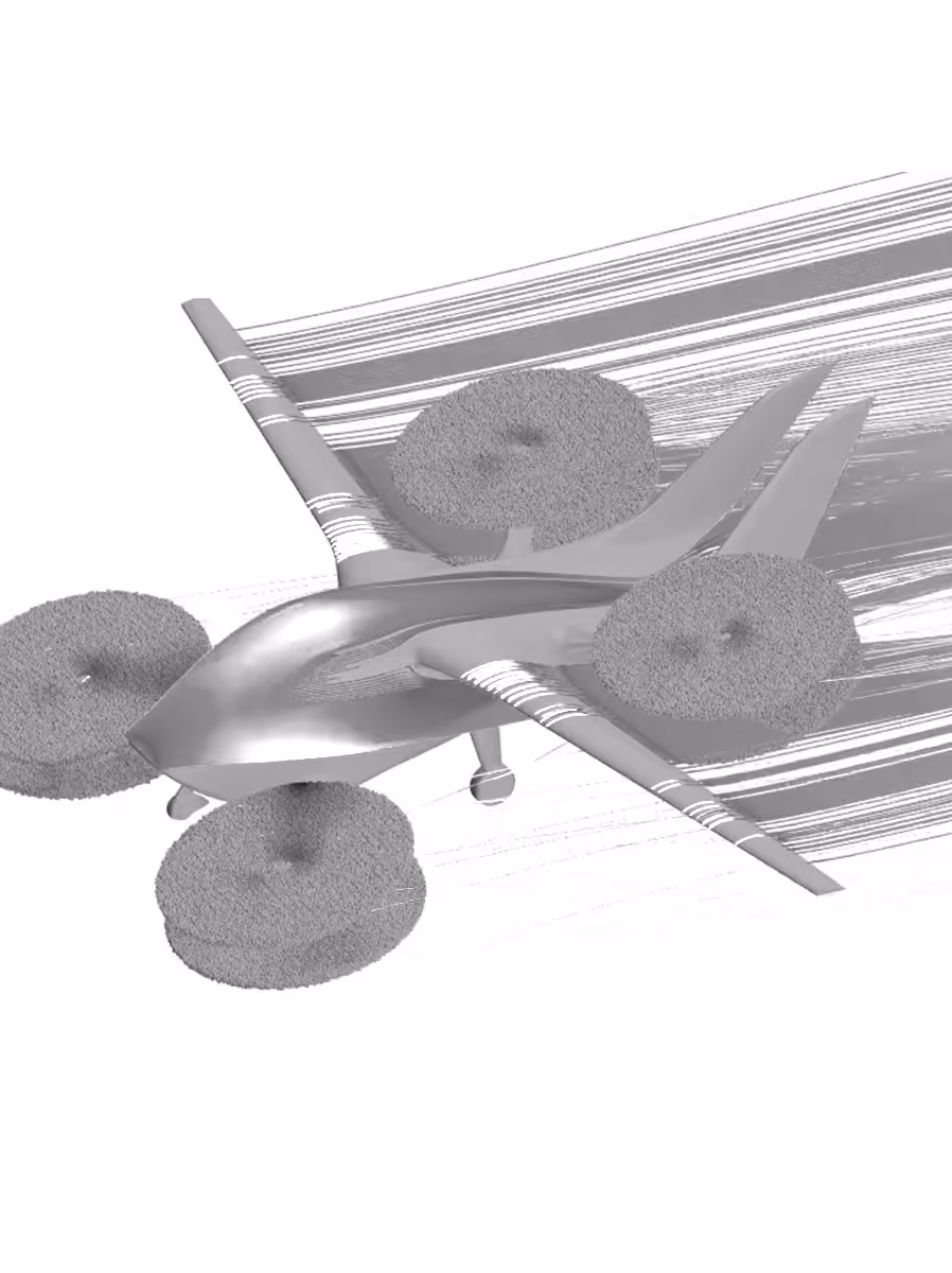 Computer-generated image of a four-rotor aircraft with airflow lines showing aerodynamics.