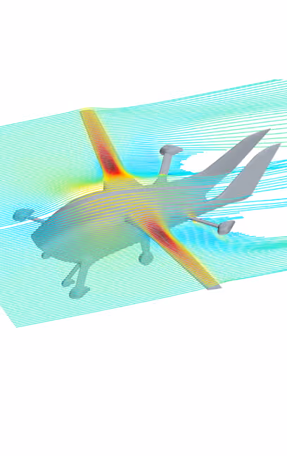 3D CFD simulation showing airflow patterns and pressure distribution over an aircraft model.