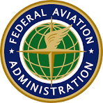 Federal Aviation Administration seal with golden eagle on globe and blue border.