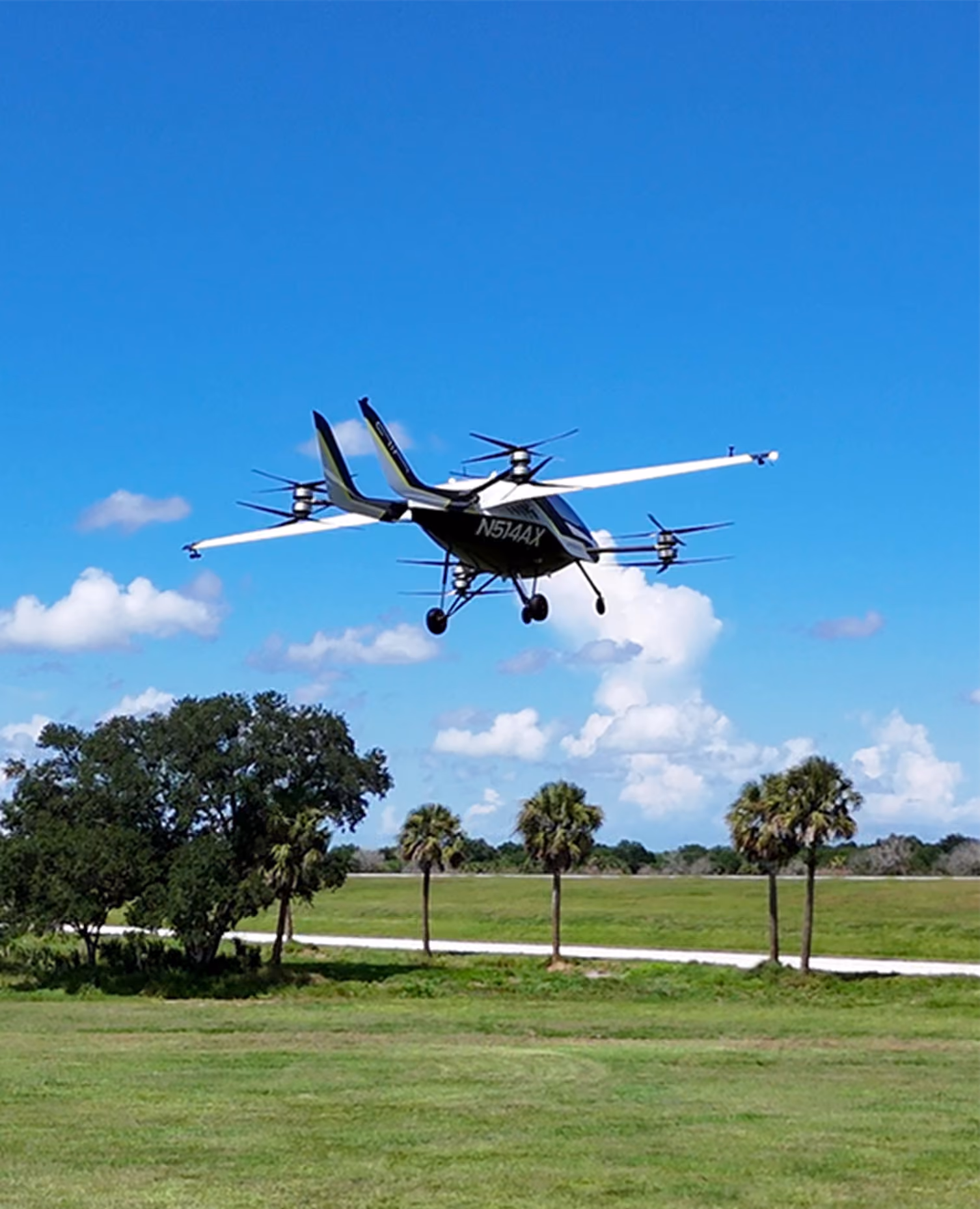 Black and white VTOL drone aircraft flying over grassy field with palm trees and blue sky.