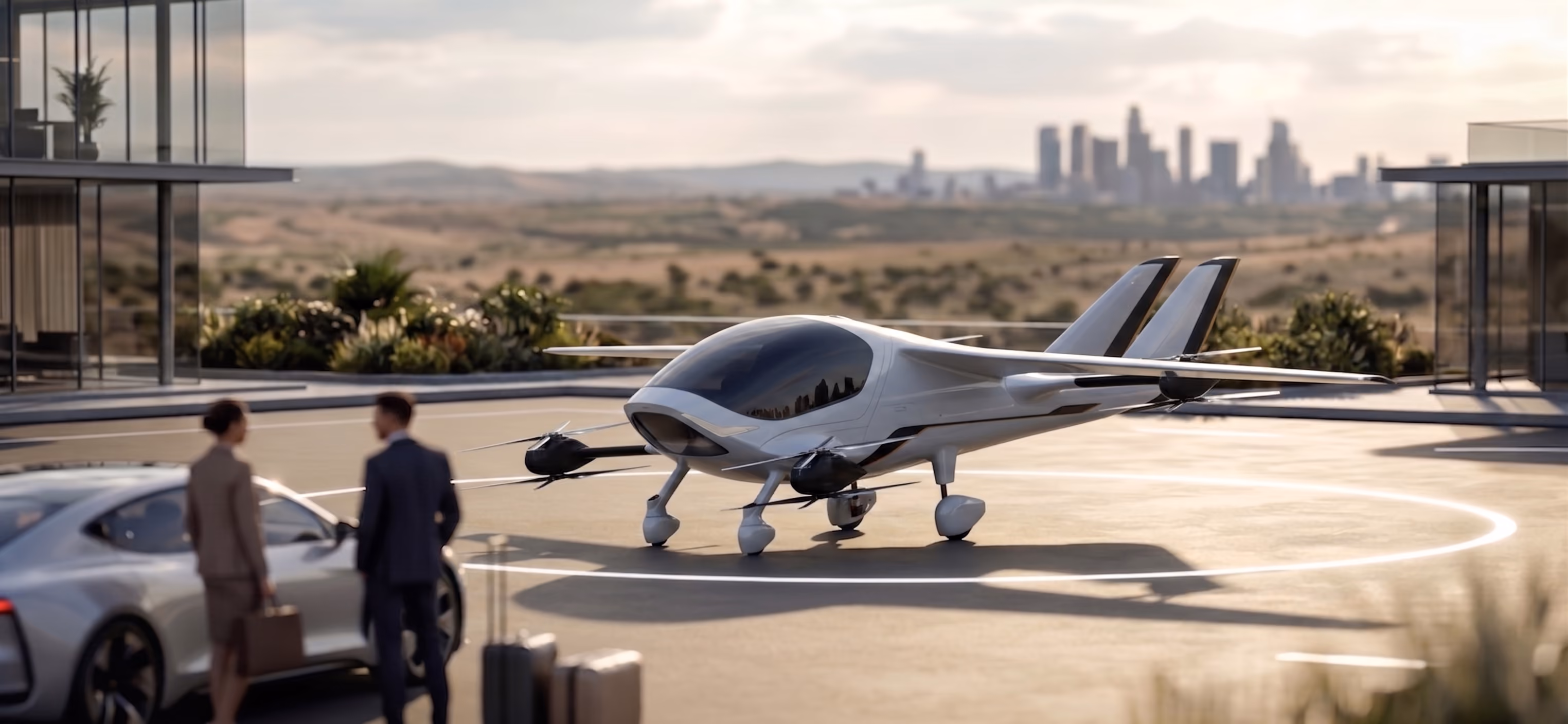 Two people stand near a silver car beside a futuristic small aircraft on a rooftop helipad.