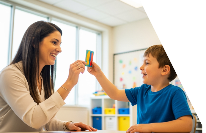 Smiling woman and young boy sitting at a table exchanging colorful educational flashcards in a bright classroom.