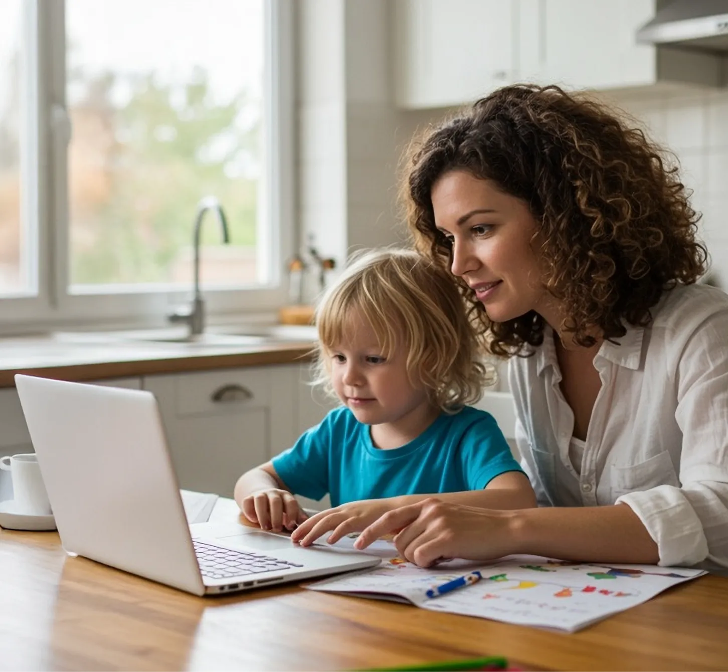 Mother and young child using a laptop together at a kitchen table with an open book and colored pencils.