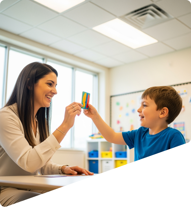Woman and boy smiling and holding up a colorful flashcard in a bright classroom.