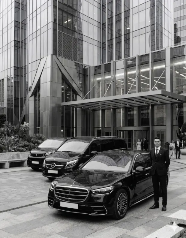 Un homme en costume noir debout devant une mercedes Classe S, une mercedes Classe V et un Peugeot traveller en bas d'un immeuble moderne.