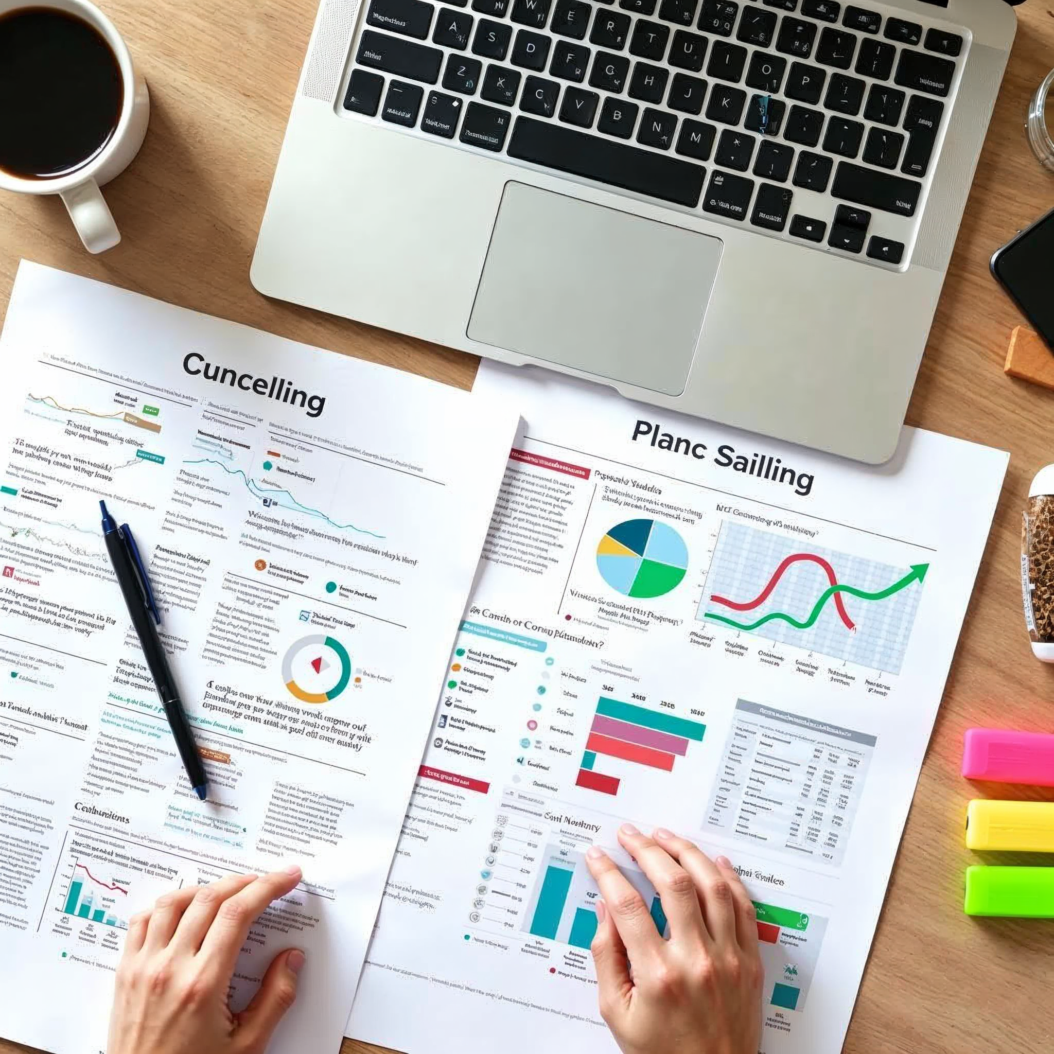 Overhead view of a content planning session with printed SEO reports and keyword mapping notes alongside colorful highlighters and a laptop on a wooden desk