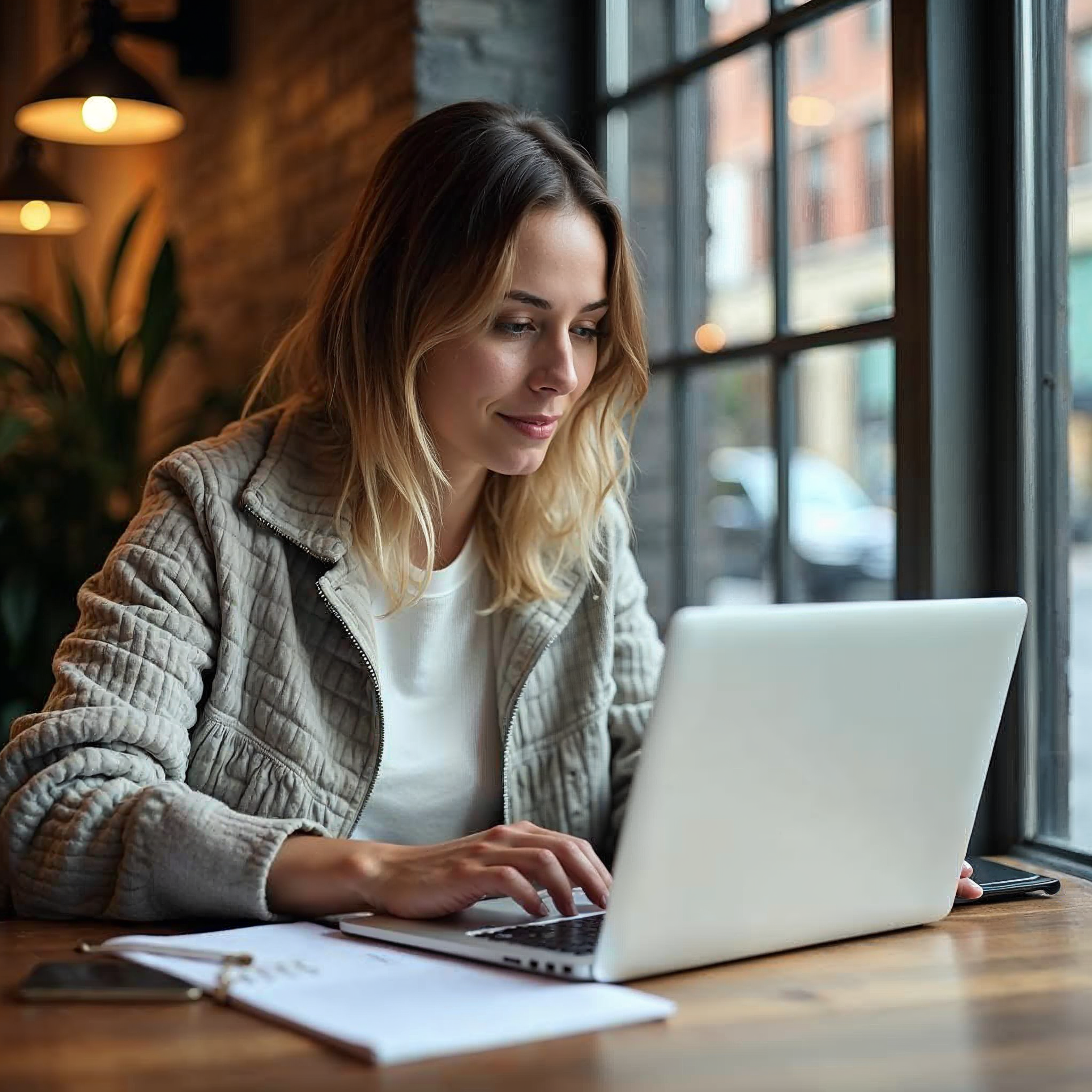 Content creator planning website monetization strategy on a laptop in a modern cafe setting