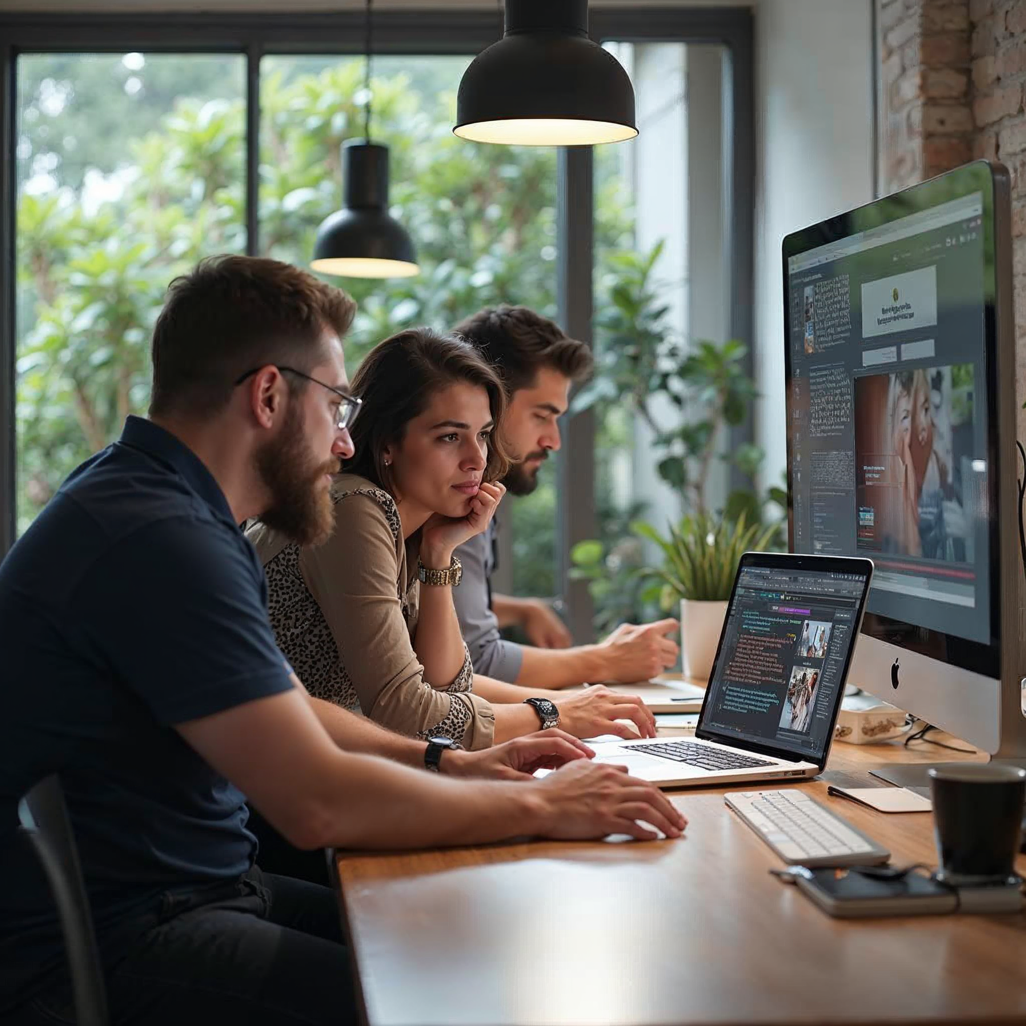 Content marketing team collaborating on copywriting with AI paraphrasing tools