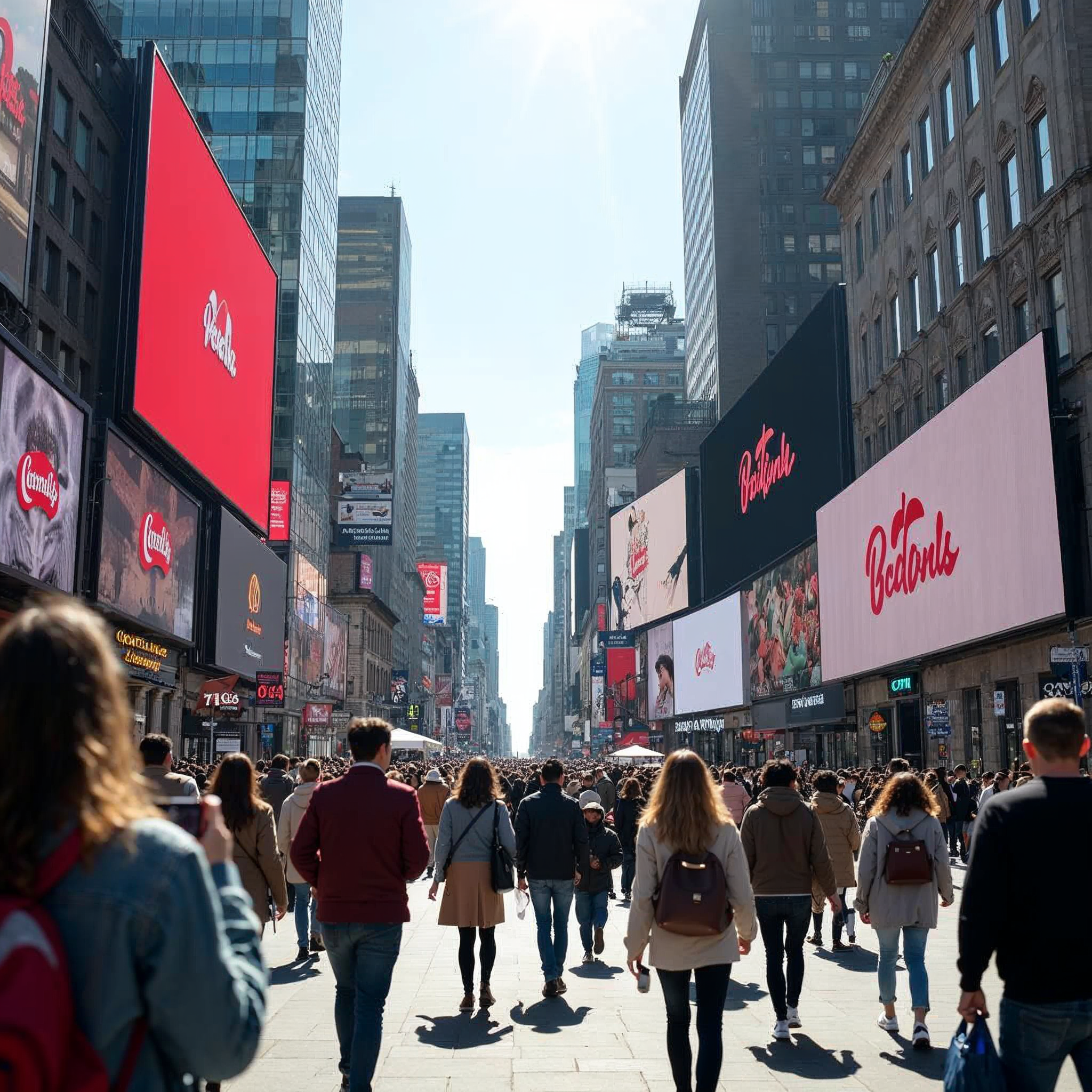 Consumers walking through urban shopping district surrounded by branded billboard advertising