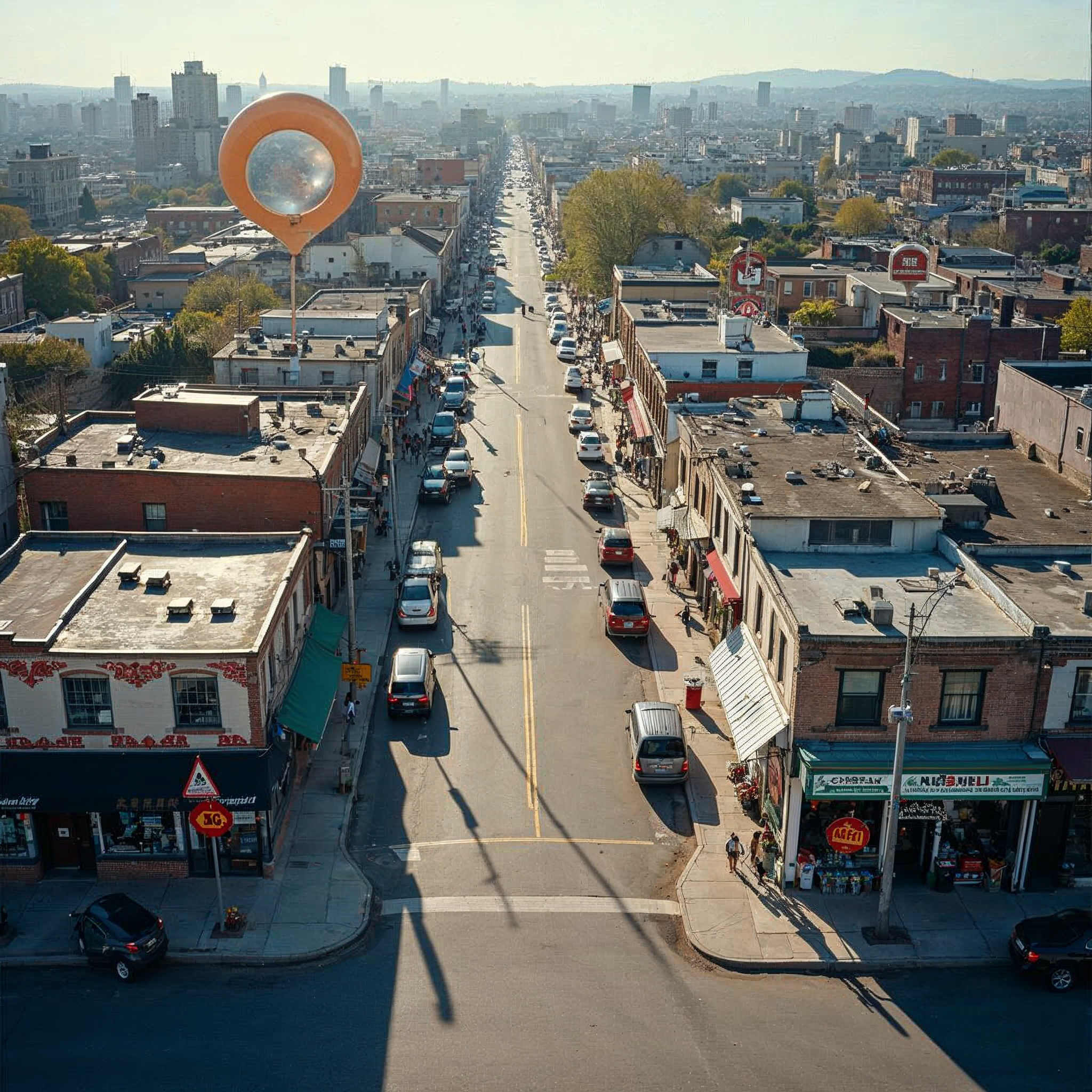 Aerial view of city neighborhood with local business search pin markers overlaid