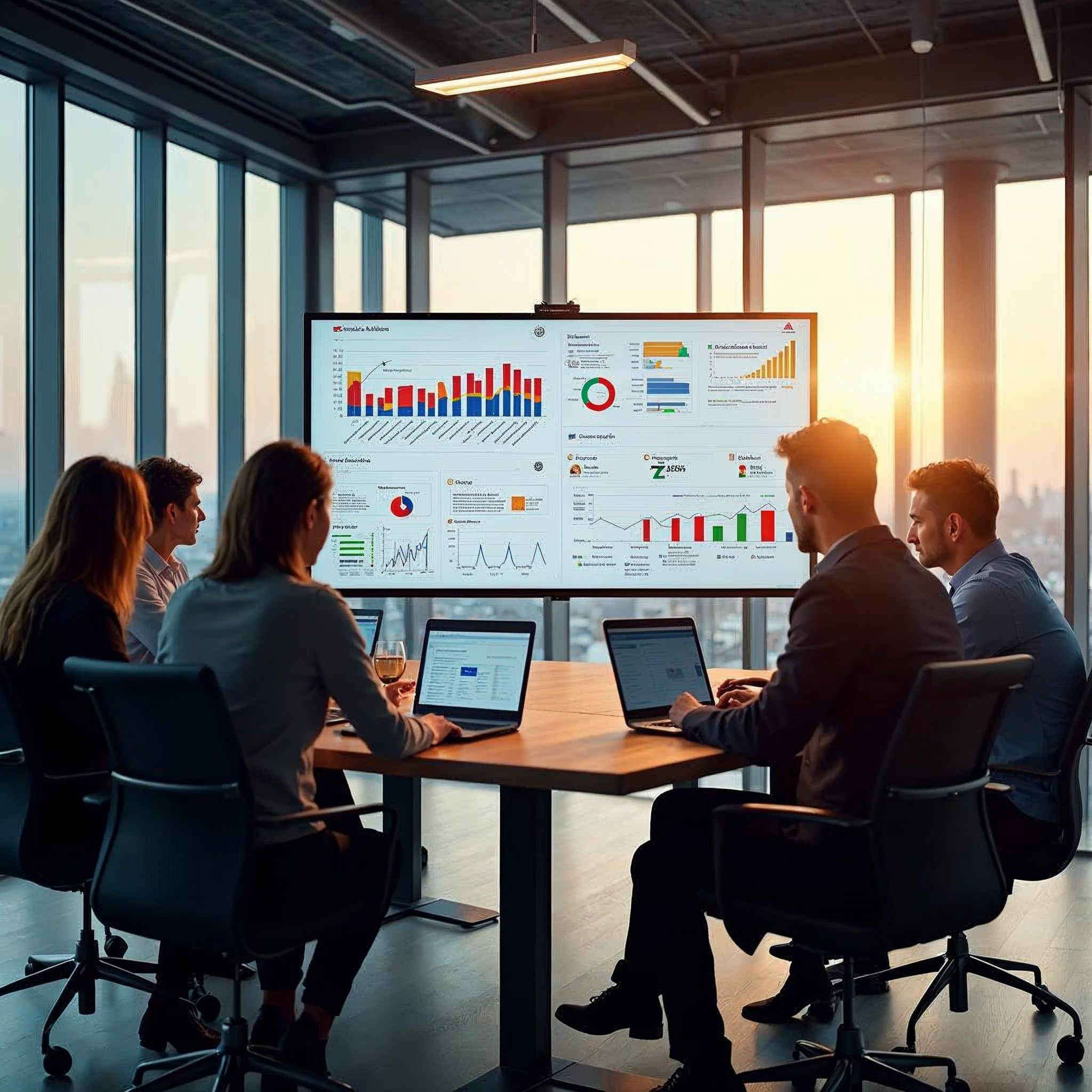 Marketing team reviewing AI-generated content analytics on a large dashboard display showing engagement metrics and content performance data