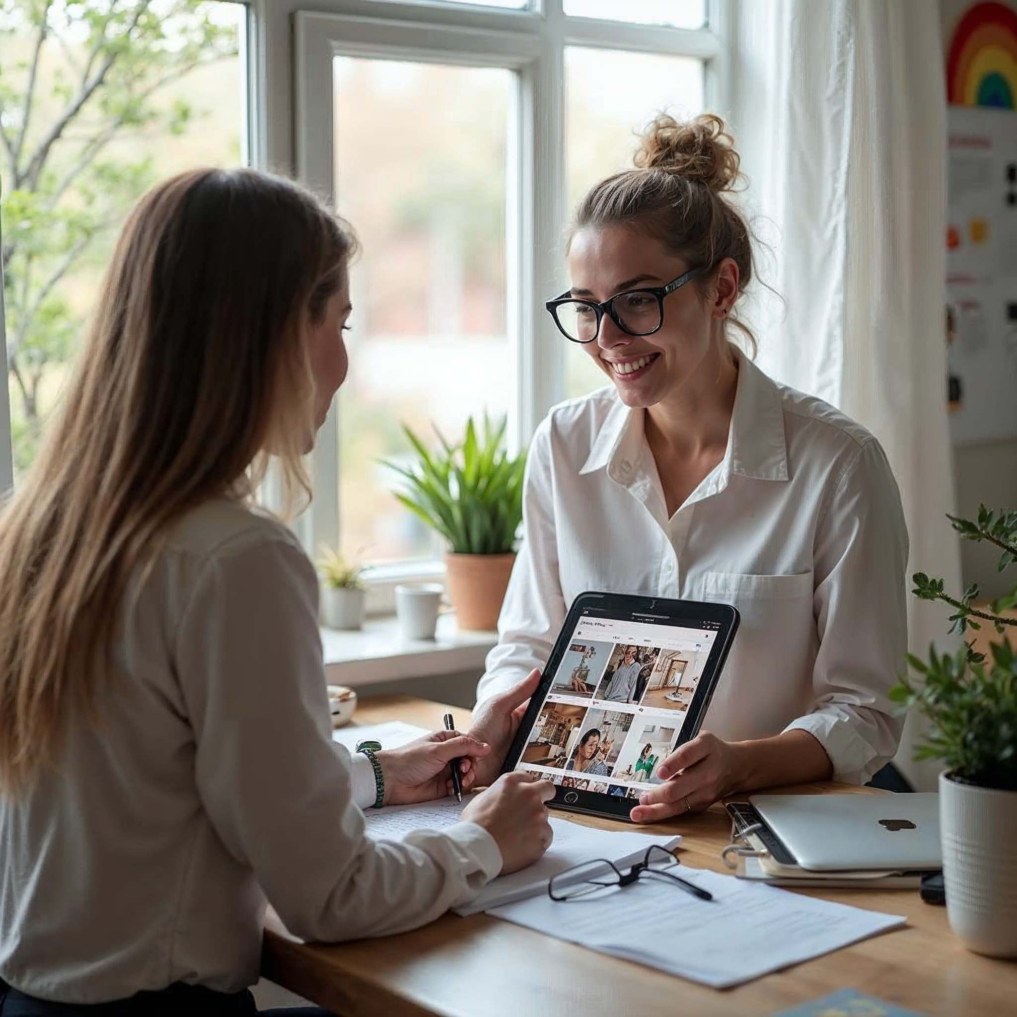 Business owner and social media consultant collaborating on Instagram content strategy in creative workspace