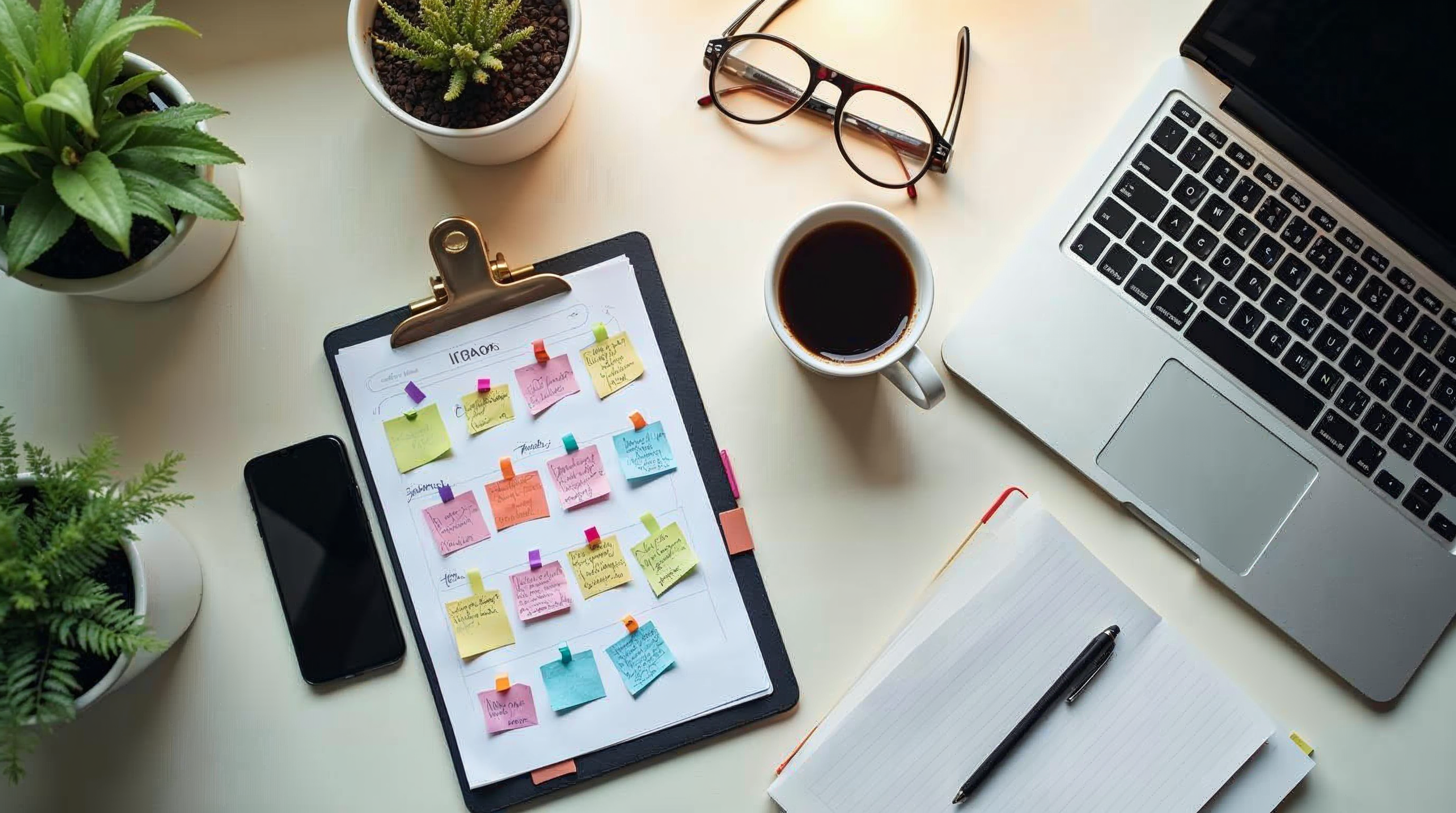 Organized modern desk workspace with laptop showing colorful project management kanban board