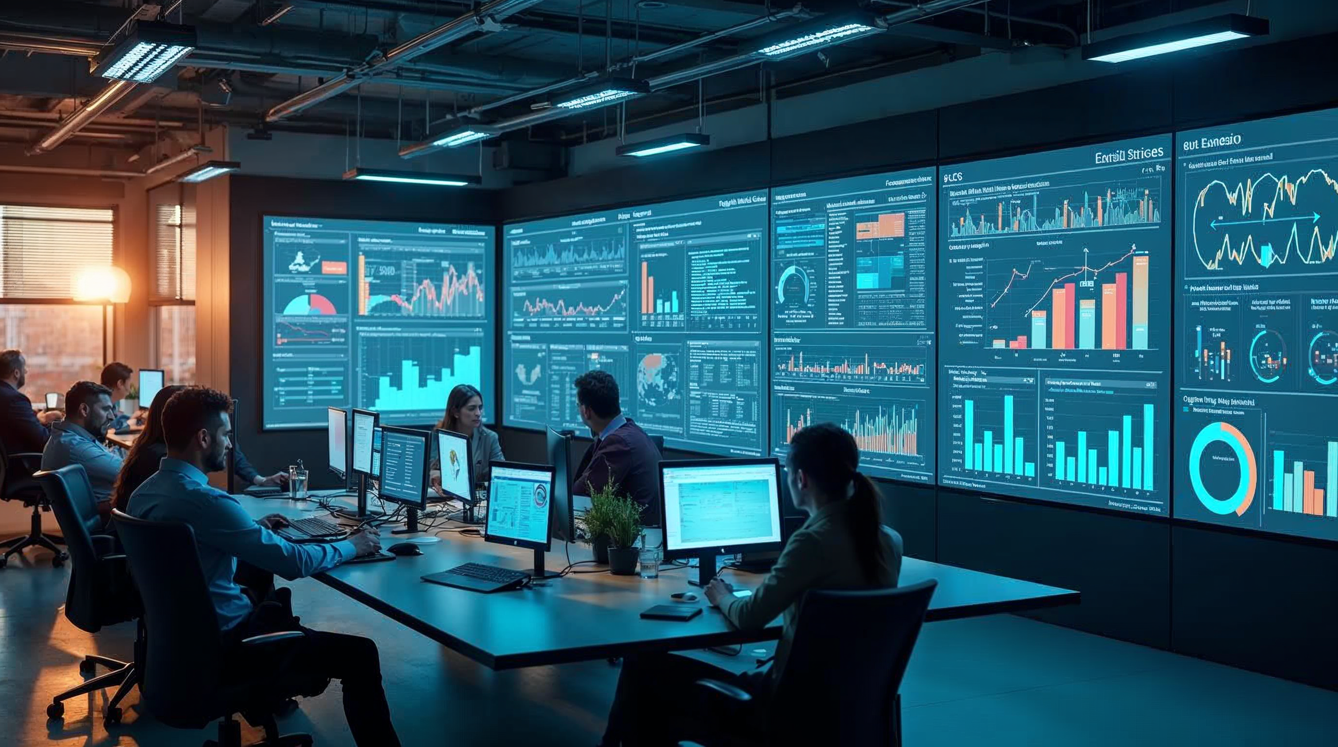 Modern enterprise office with digital dashboard screens displaying integrated ERP data visualizations for supply chain and financial reporting