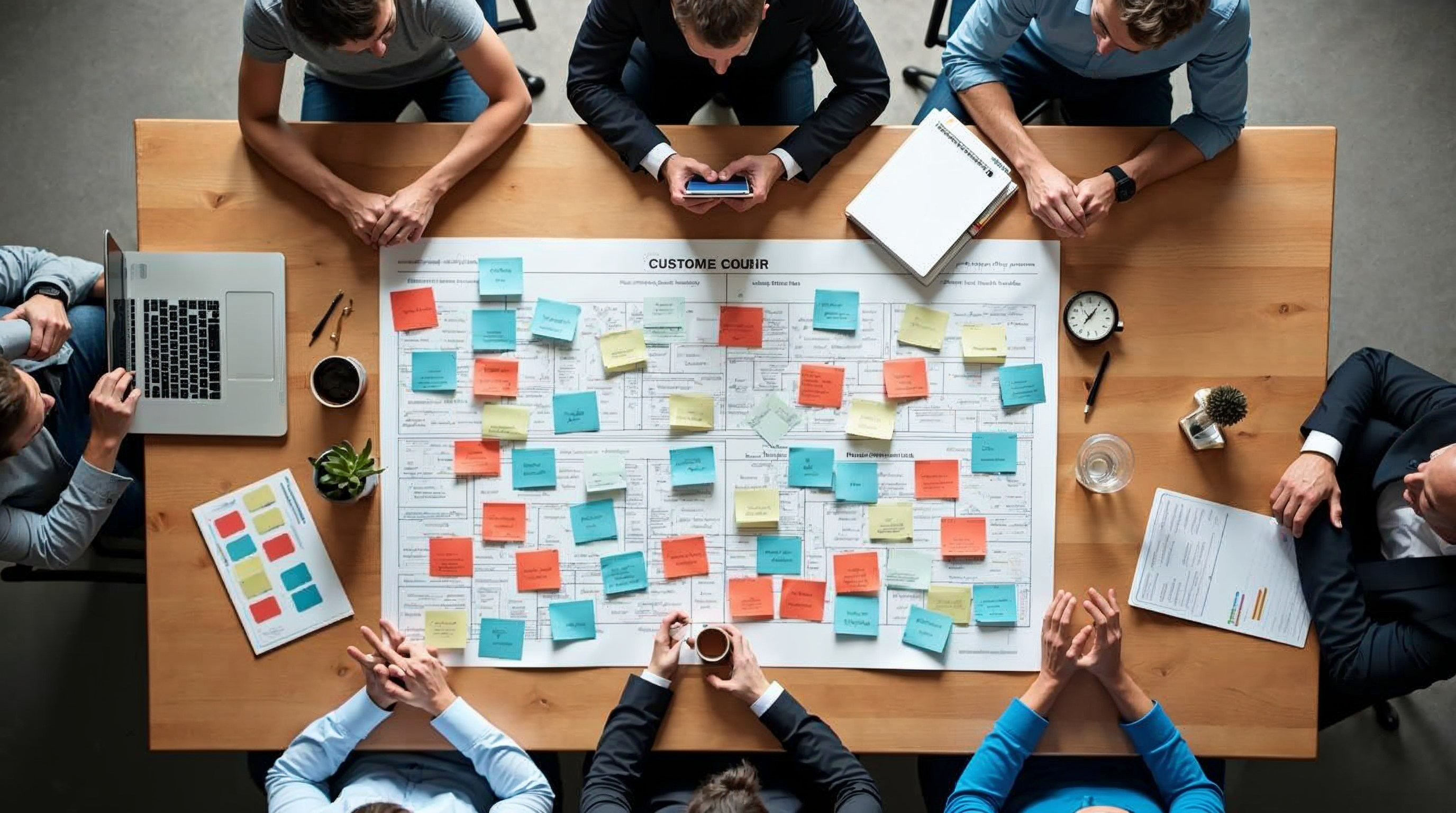 Overhead view of a marketing strategy session with color-coded cards and a customer journey map on a wooden conference table