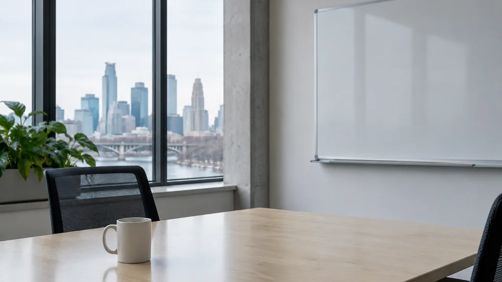 An empty workspace on a Minneapolis office table of birch with an empty whiteboard and one plain mug in pale northern light