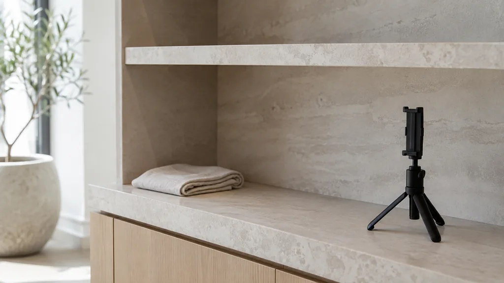 An empty workspace: an empty clinic retail shelf of pale stone with a bare phone tripod and one folded linen cloth in soft diffused daylight