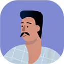 Illustration d'un homme avec une moustache et une chemise à carreaux sur fond violet.