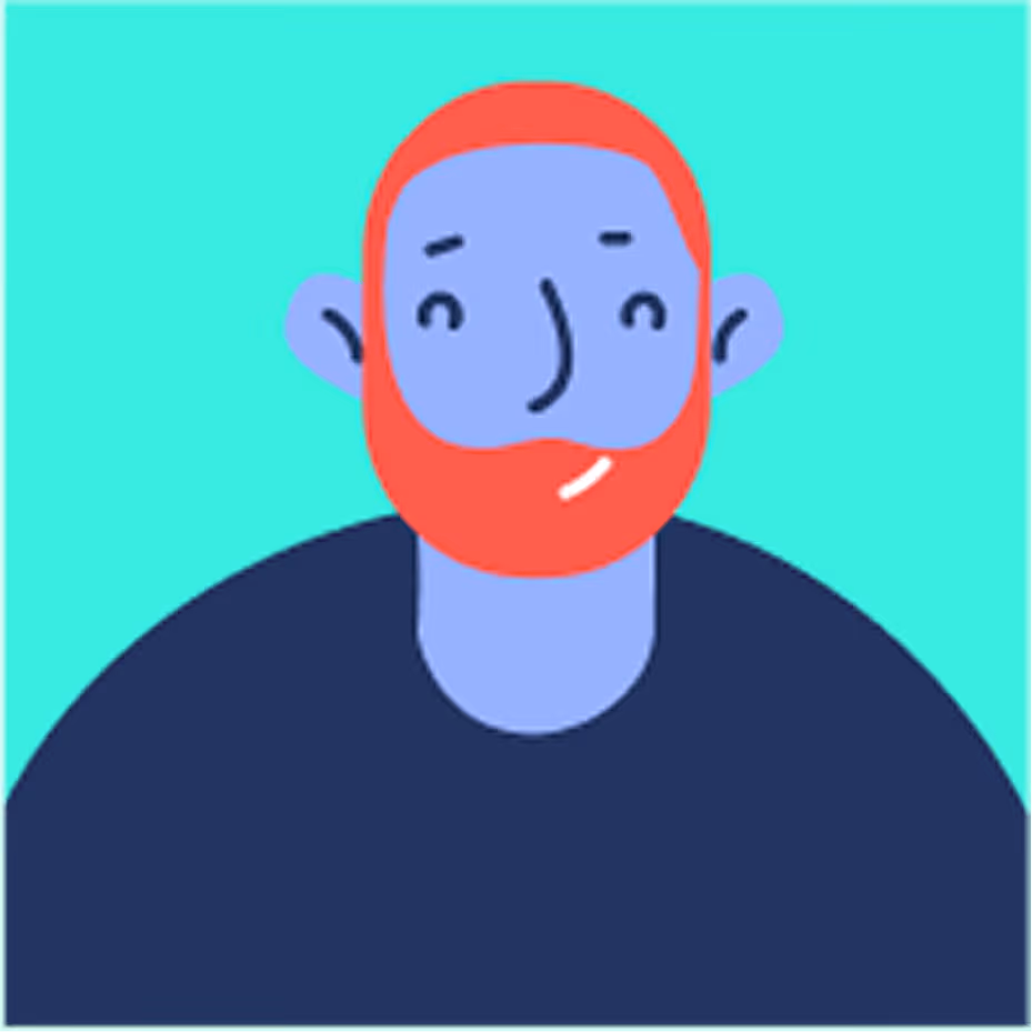 Illustration d'un homme avec la peau bleue, barbe rouge et fond turquoise.