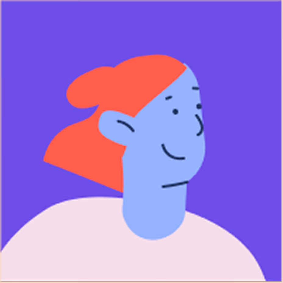 Illustration d'une personne souriante aux cheveux rouges attachés, avec un visage bleu sur fond violet.