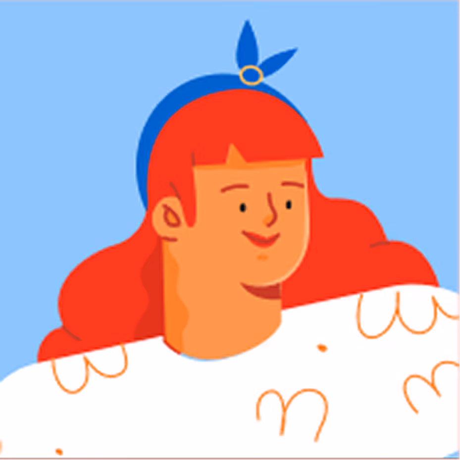 Dessin d'une femme souriante aux cheveux roux et bandeau bleu sur fond bleu clair.