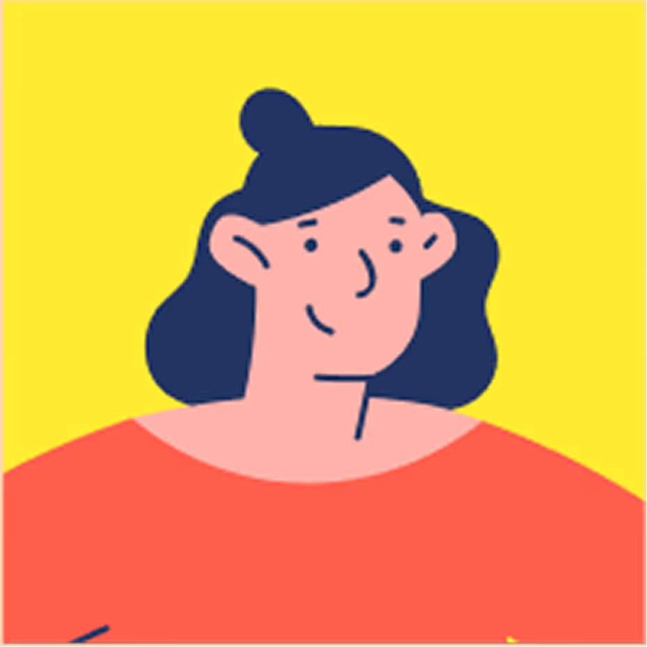 Illustration d'une femme souriante avec cheveux noirs attachés et haut rouge sur fond jaune.