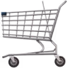 Chariot de supermarché métallique vide avec quatre roues sur fond blanc.
