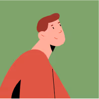 Illustration d'un homme souriant en chemise rouge sur fond vert.