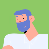 Illustration d'un homme souriant avec barbe et cheveux bleus sur fond vert.