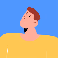 Illustration d'un homme pensif avec un t-shirt jaune sur un fond bleu.