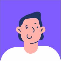 Illustration d'un homme souriant avec des cheveux noirs et un t-shirt blanc sur fond violet.