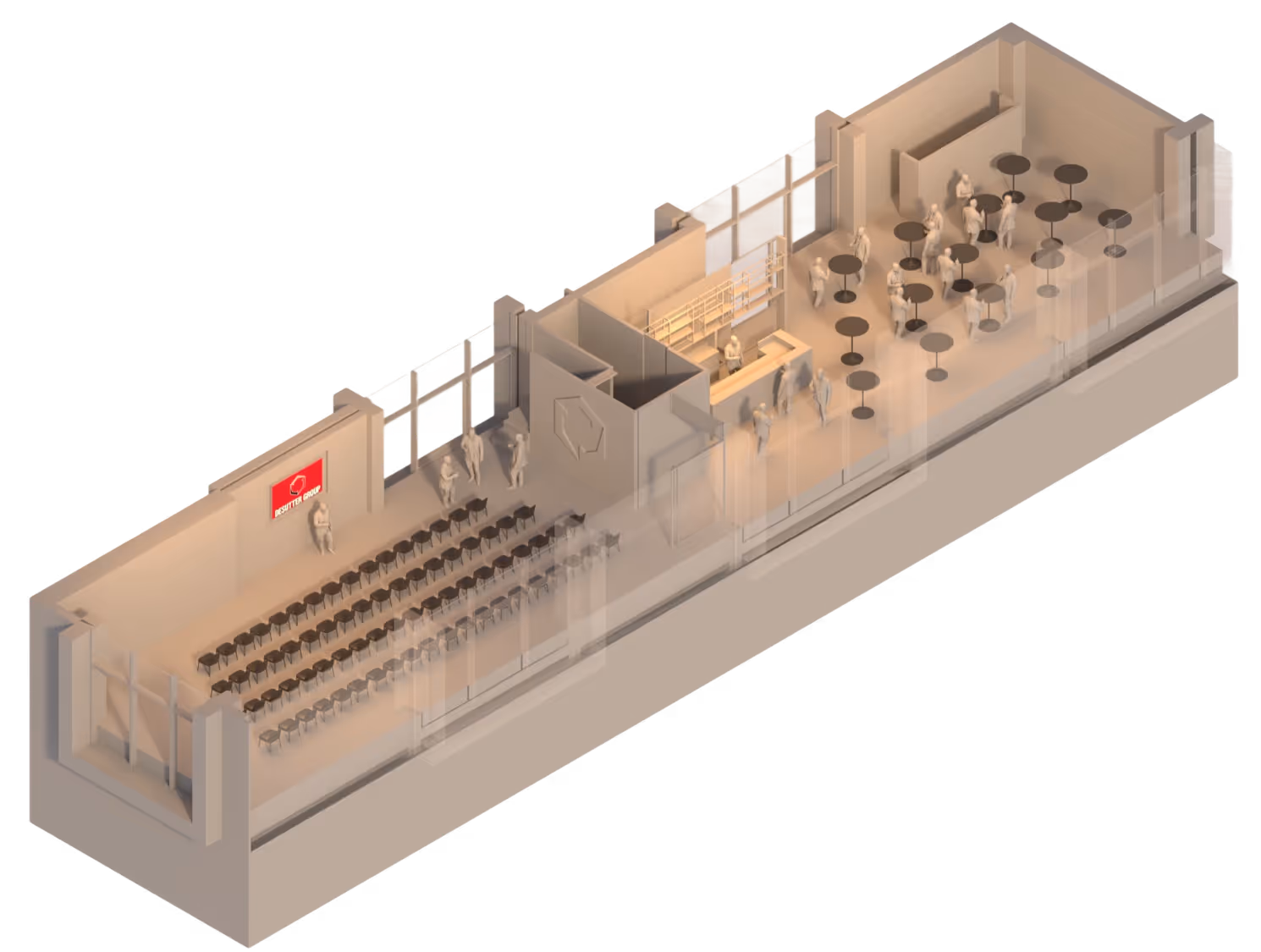 3D-model van een evenementruimte met rijen stoelen, bar en staande tafels met mensen.