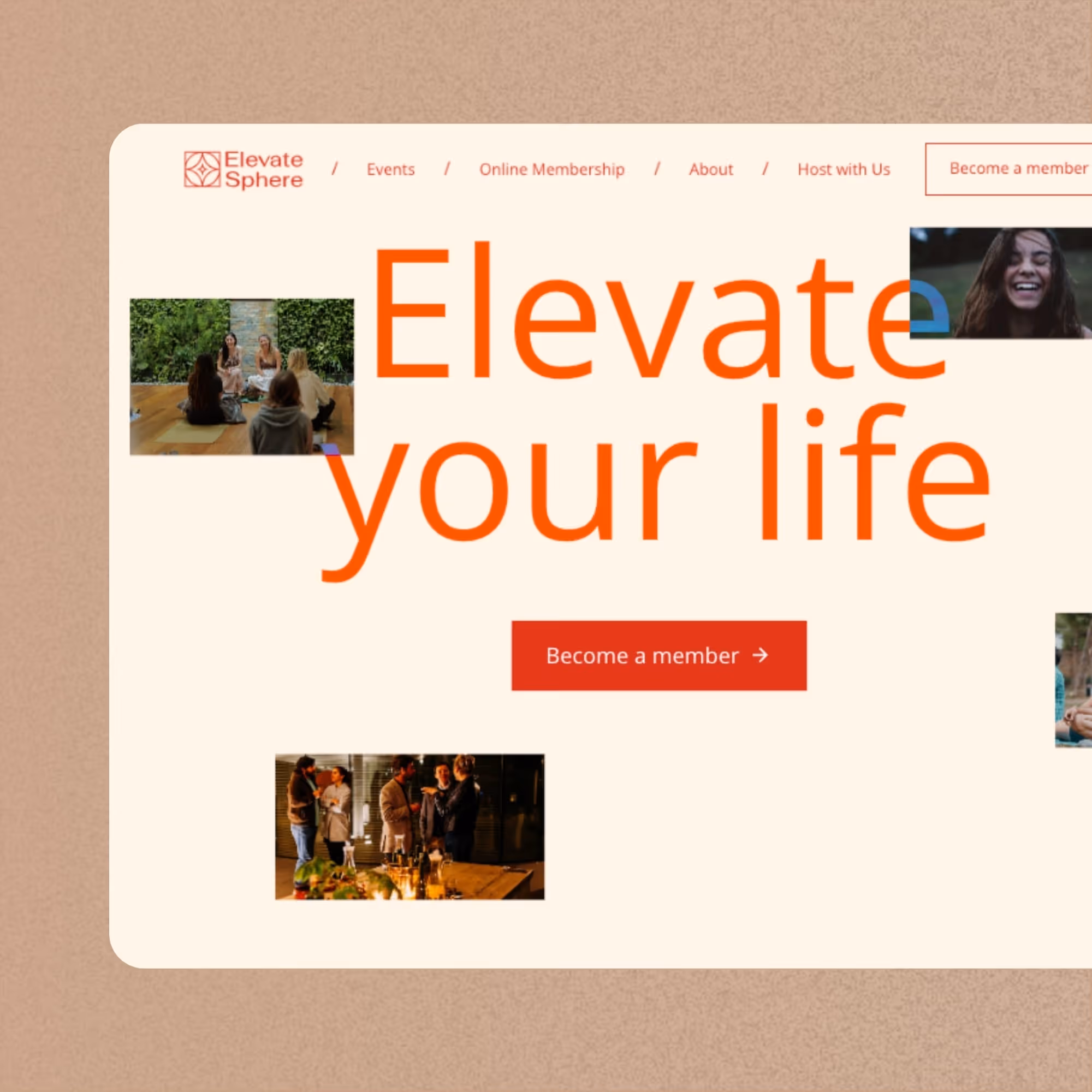 Elevate Sphere website homepage with text 'Elevate your life' and images of people socializing and laughing.