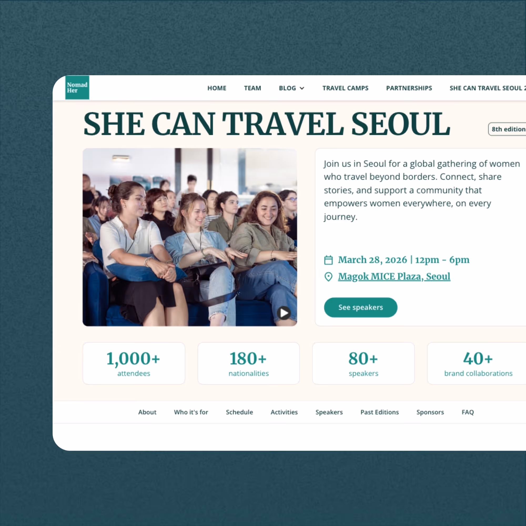 Website banner for She Can Travel Seoul event featuring a group of women sitting and smiling in an audience, event details, and participation statistics.