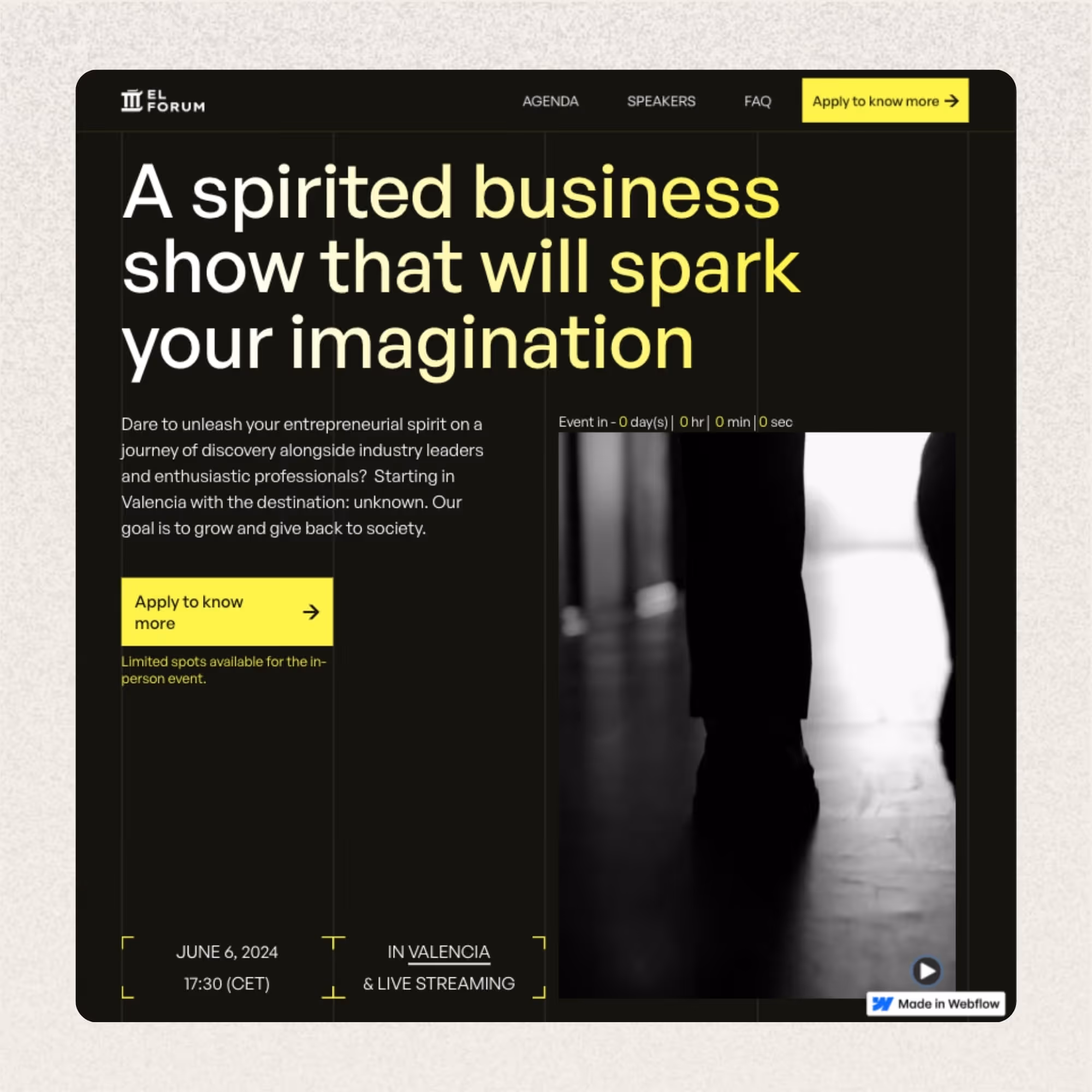 Website banner for EL Forum business event on June 6, 2024, in Valencia and online, featuring a black and white silhouette of legs and a countdown timer.