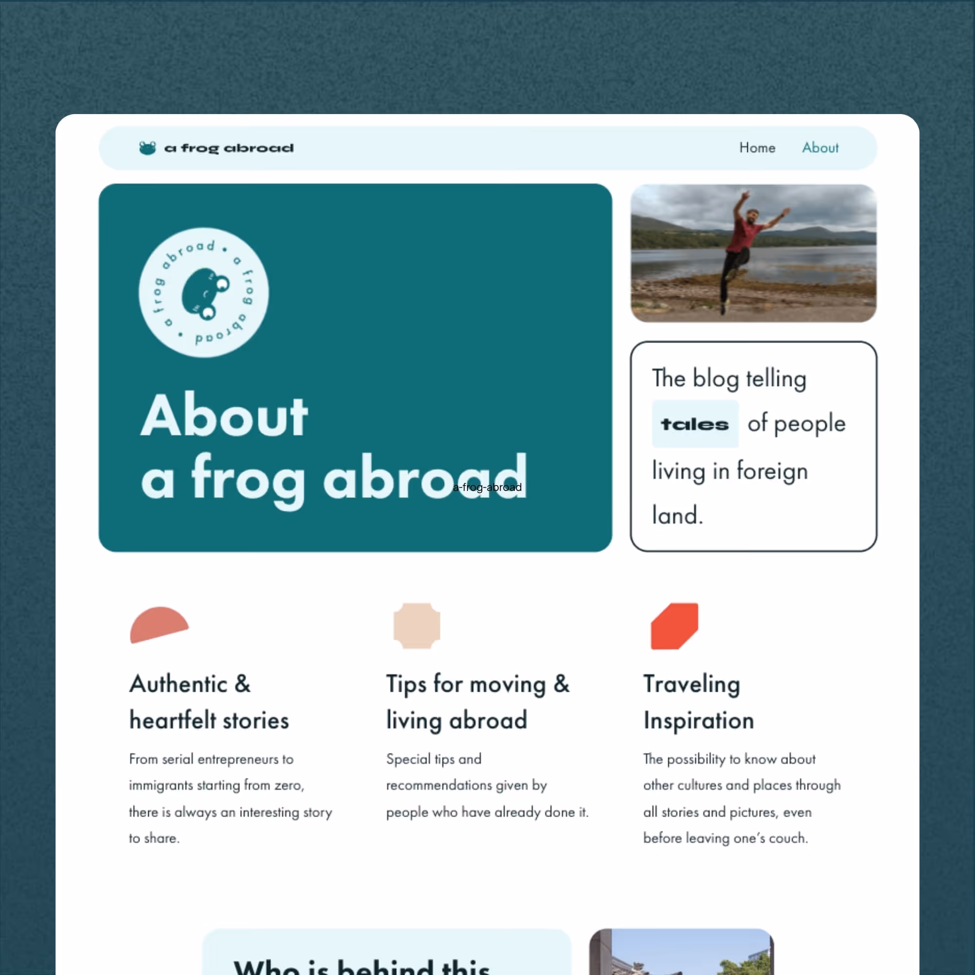 Website section titled 'About a frog abroad' featuring blog description, travel inspiration, moving tips, and an image of a person jumping near water with mountains in the background.