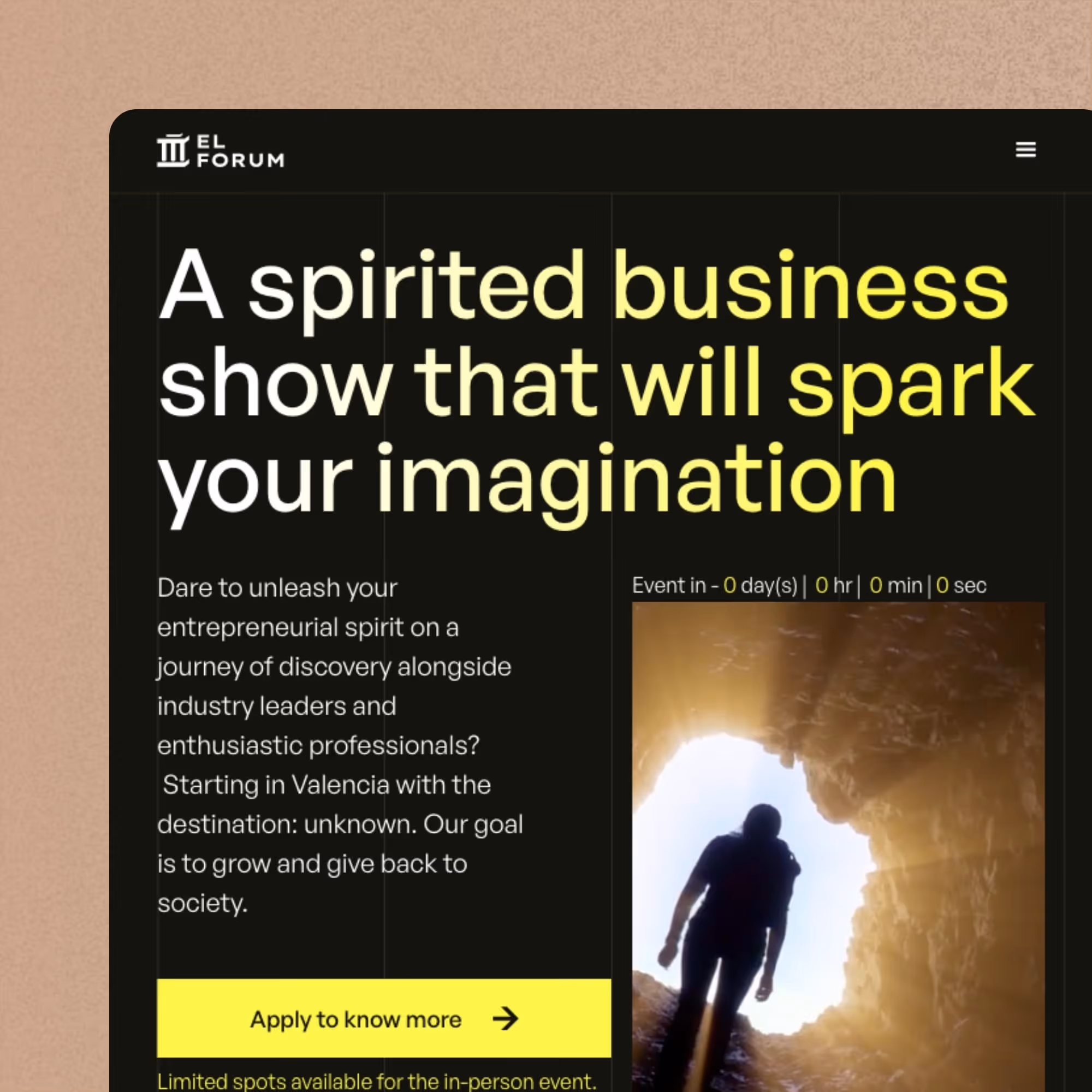 Website banner for El Forum promoting a spirited business show with a silhouette of a person walking out of a cave toward sunlight.