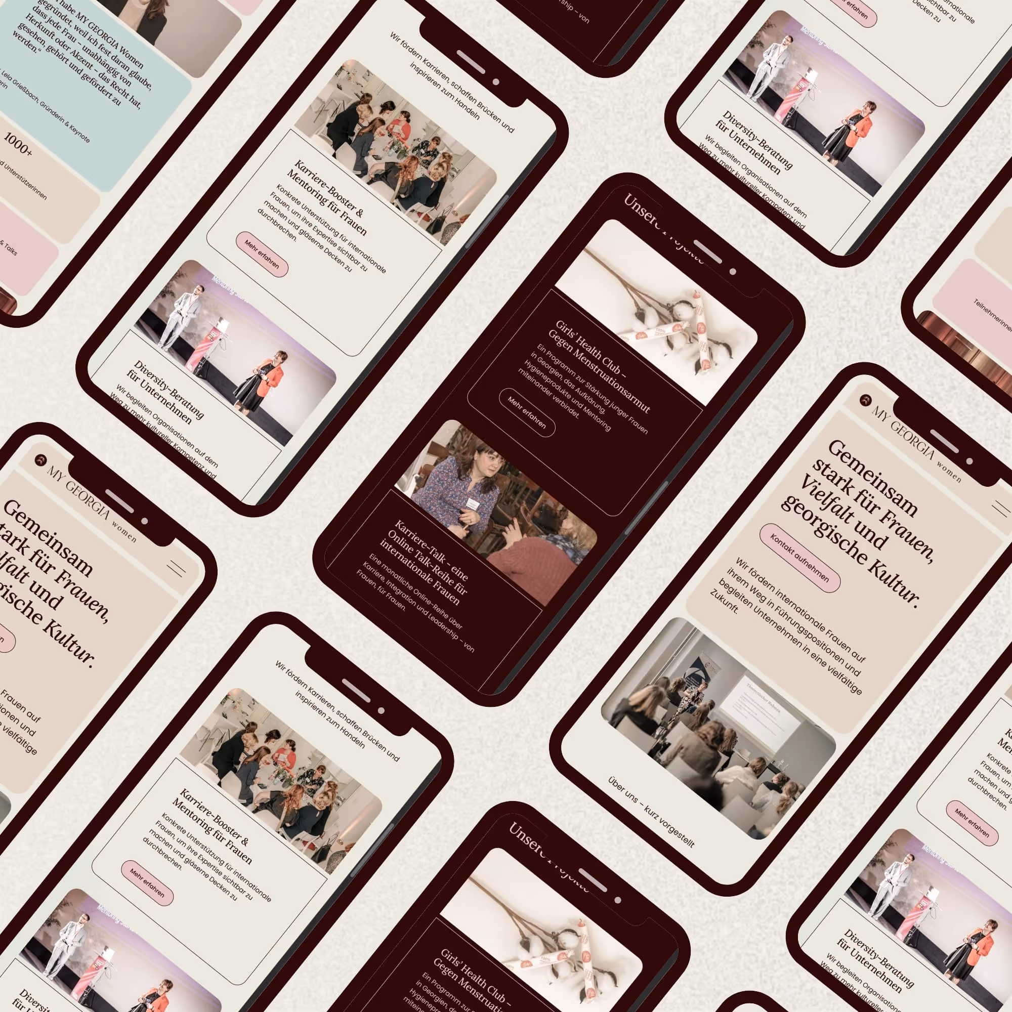Smartphone screens showing a women's empowerment website in German with sections on career mentoring, diversity consulting, and health programs.