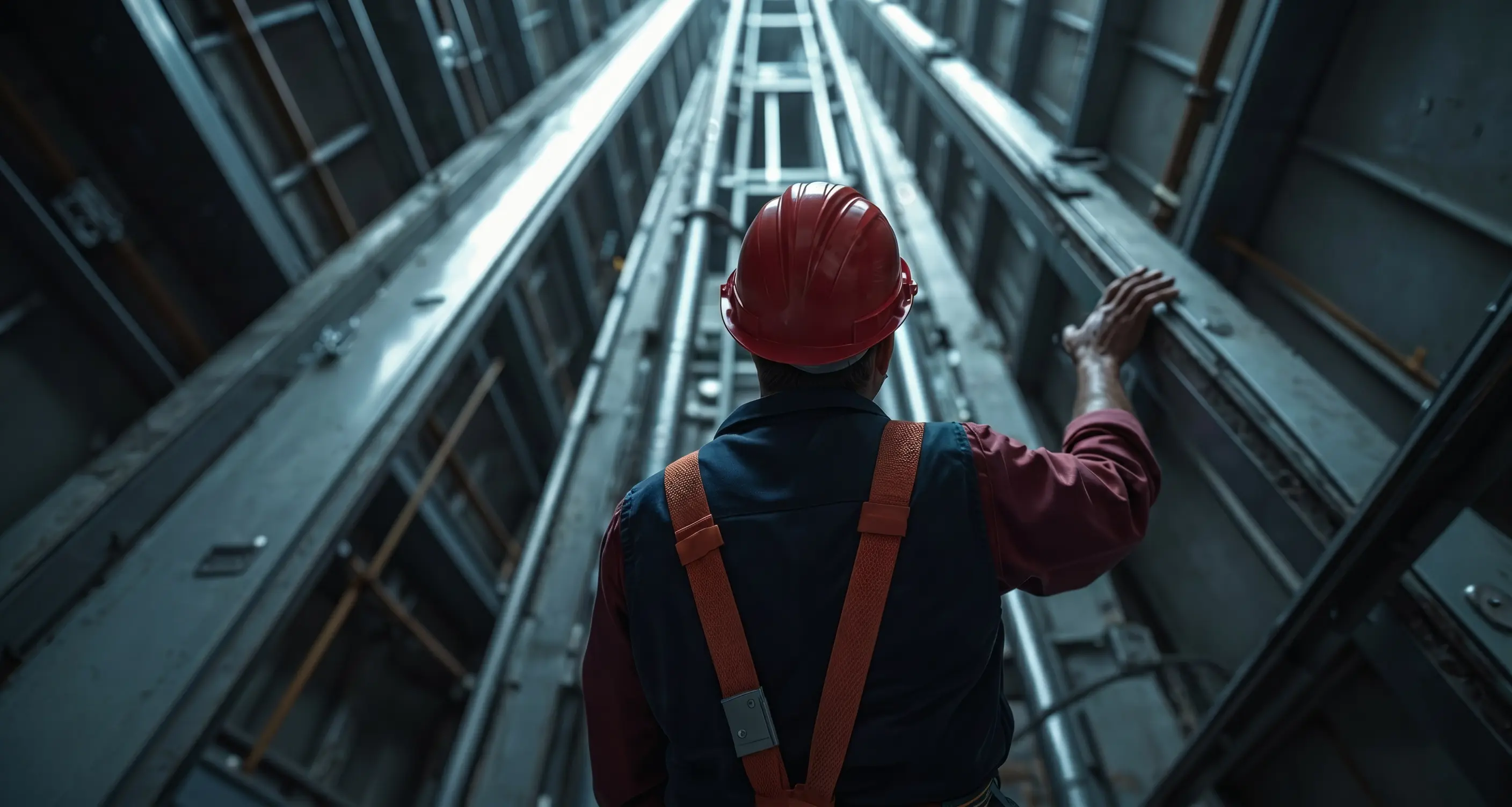 A man wearing a hard hat and construction clothing climbing up an Elevator shaft.