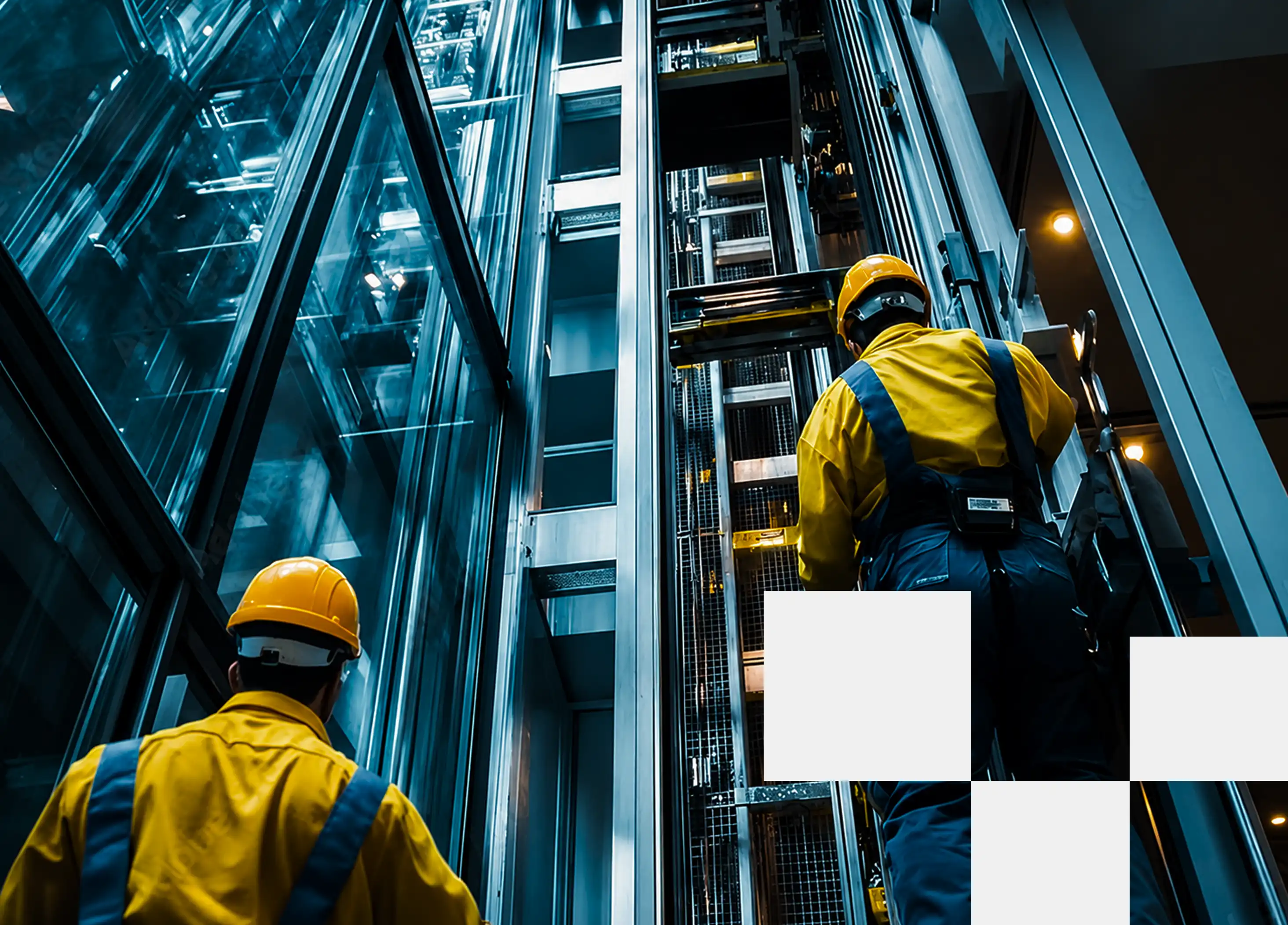 Two workers in yellow safety gear inspecting a modern glass elevator shaft.