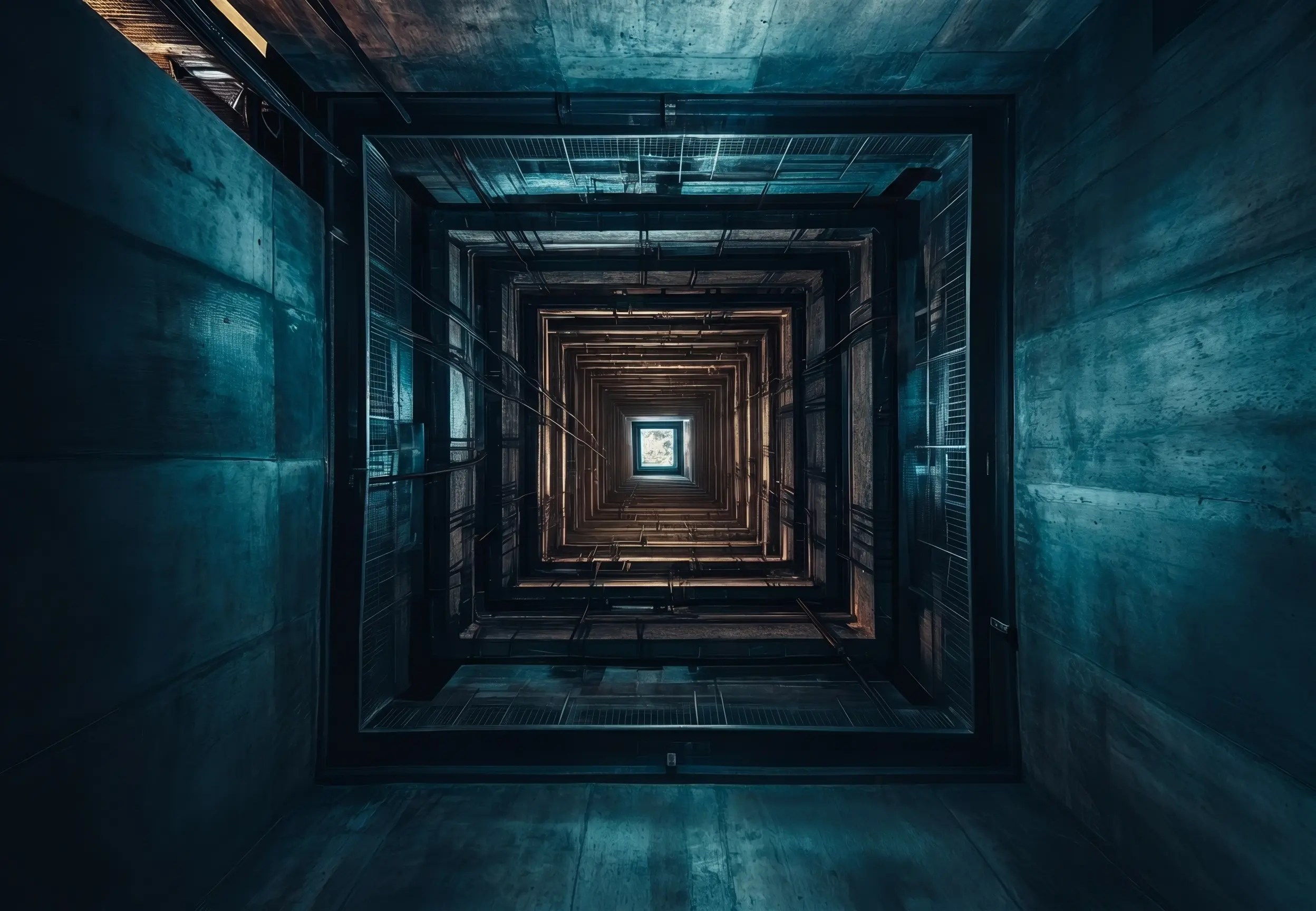 View looking up inside a square, multi-story concrete building with central open shaft.