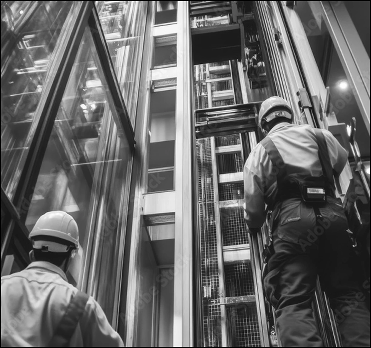 Two men climbing up an elevator shaft wearing hard hats and safety equipment.