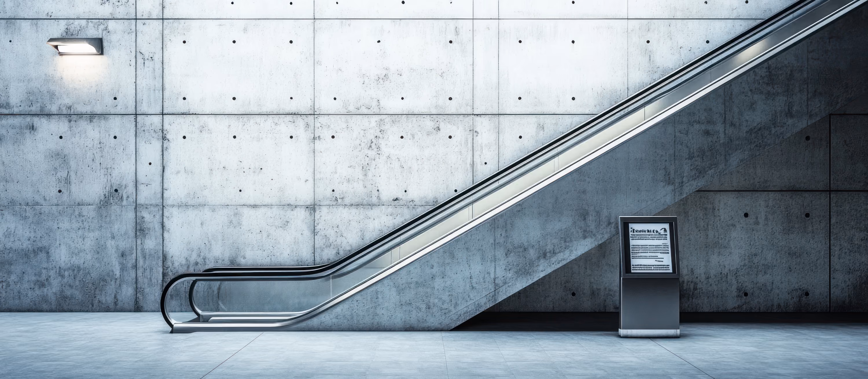 Empty escalator in front of a modern concrete wall with a digital information stand beside it.