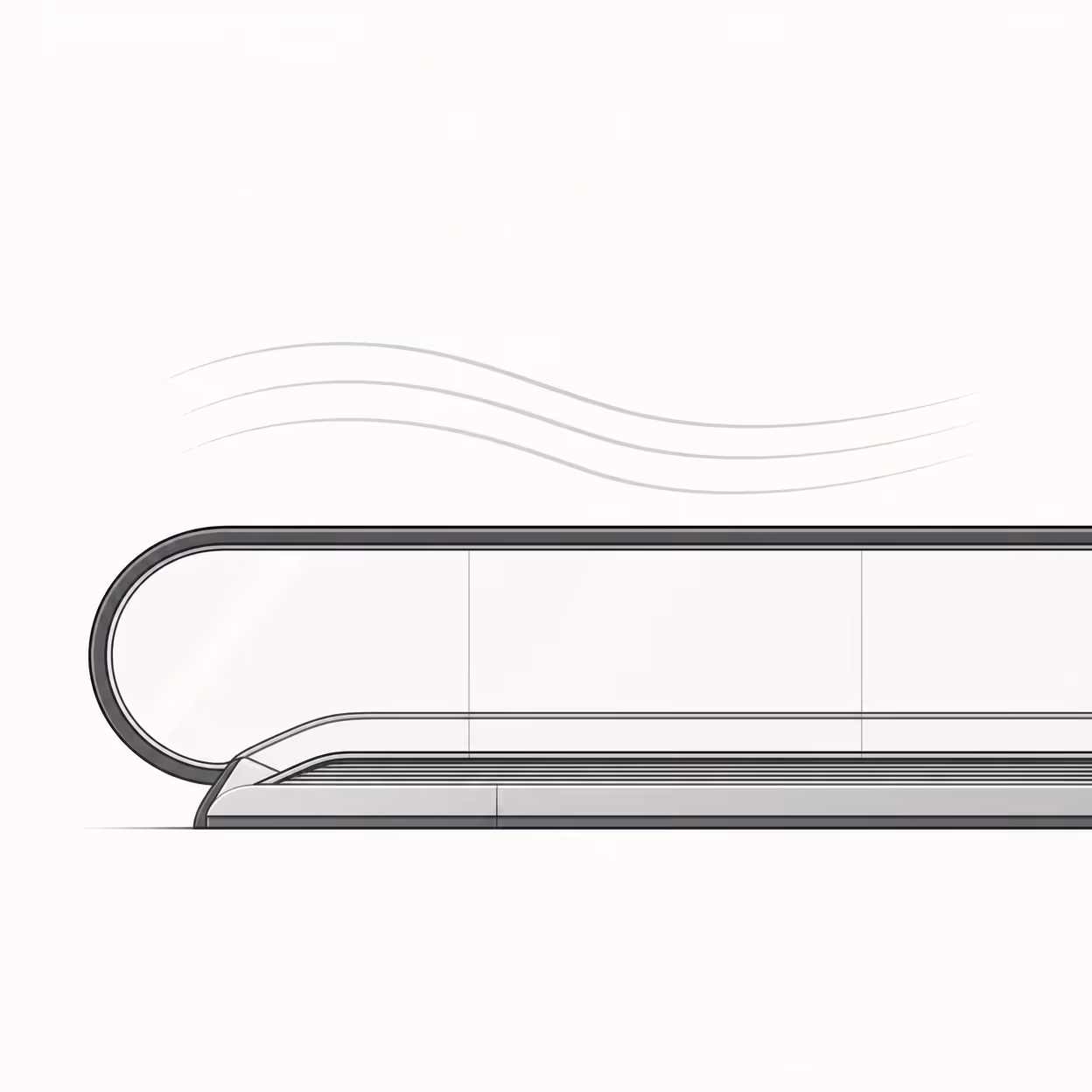 Side view schematic of a modern moving walk with a curved safety handrail and base platform.