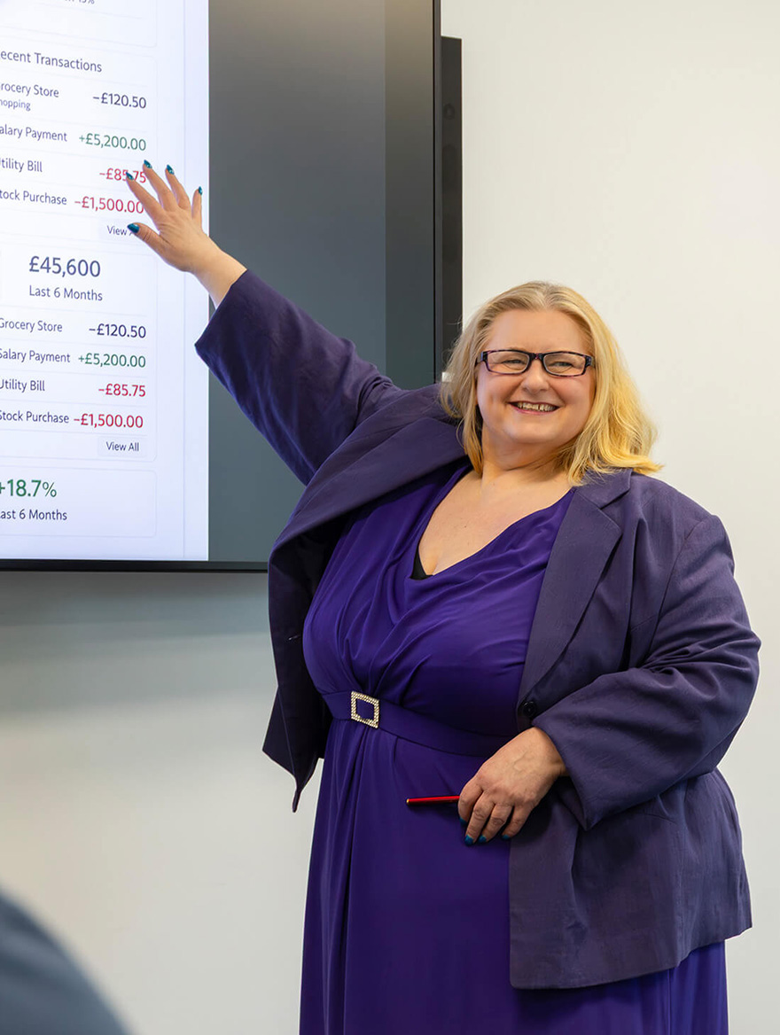 Lisa presenting financial findings