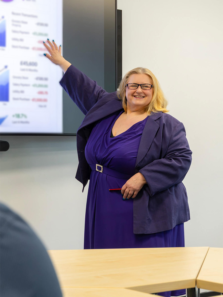 Lisa presenting financial findings